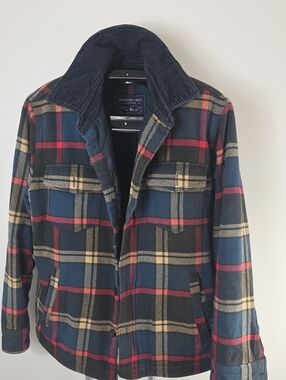American Eagle Outfitters Navy Plaid Jacket with Red & Tan Accents
